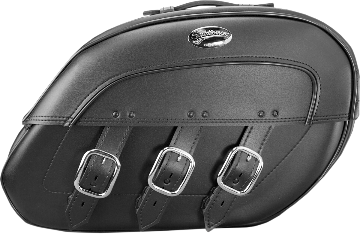 Bill's Exhausts Saddlemens Rigid-Mount Universal Drifter Slant Saddlebags mounted on motorcycle seat for touring and storage.