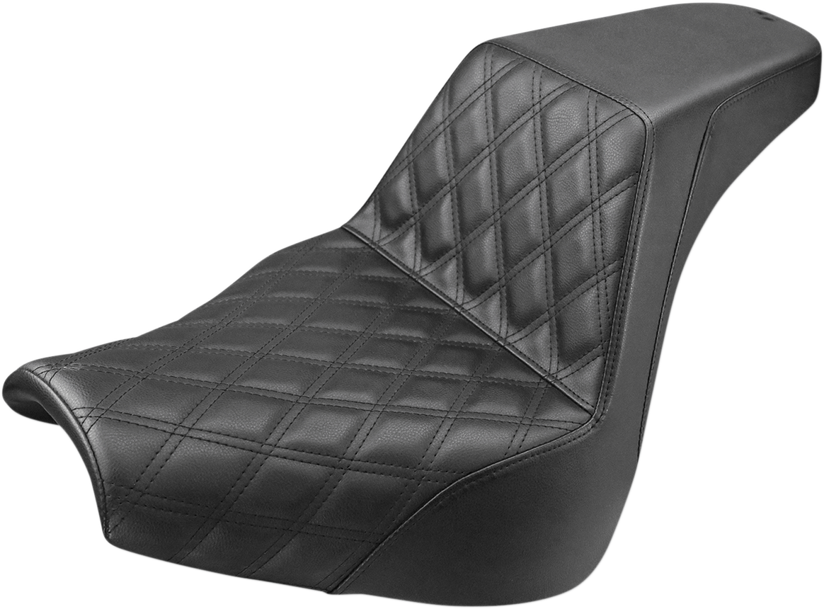 Black SADDLEMEN Step-Up Seat with front lattice stitch for motorcycles, featuring a sleek design and durable upholstery.