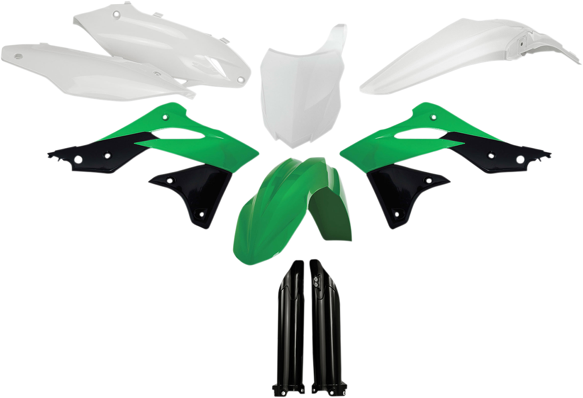 A full replacement body kit for a vehicle, featuring green, black, and white panels from Acerbis, designed for OEM '14 models.