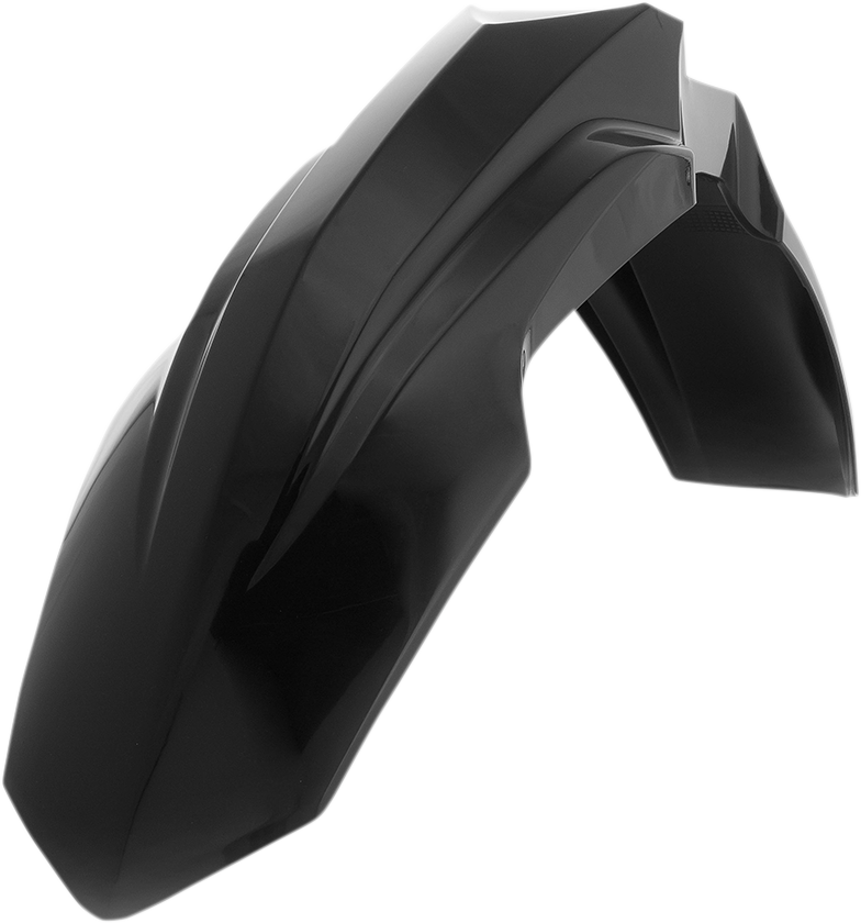 Black Acerbis front fender for motorcycle, body part with mounting points, designed for durability and style.