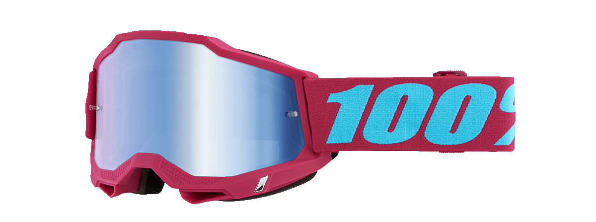 Bill's Exhausts 100% Accuri 2 Goggles in blue mirror with tinted lenses, showcasing their sleek design and adjustable strap.