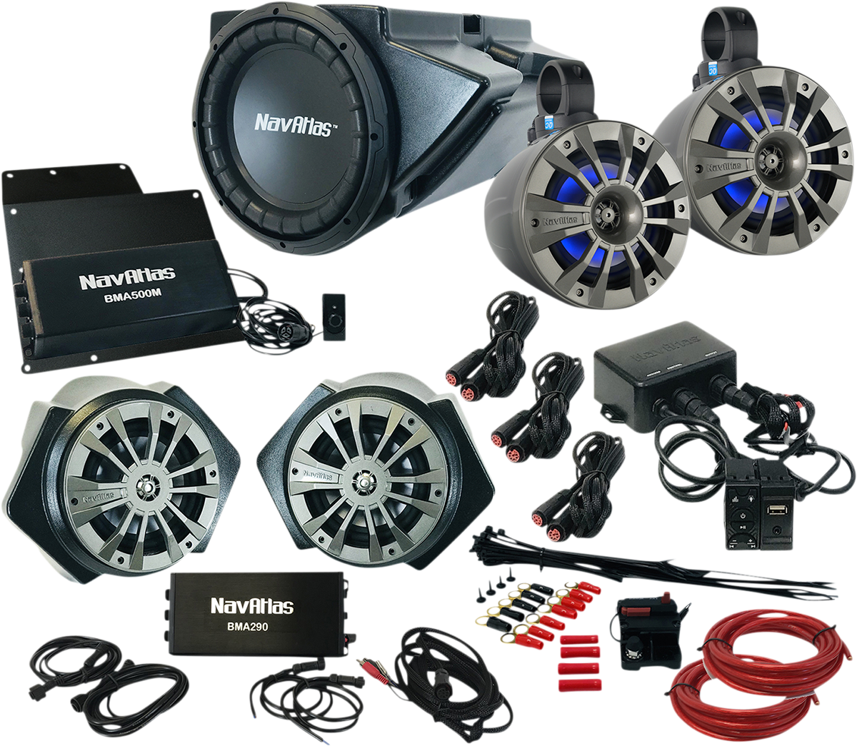 Bill's Exhausts NAVATLAS Zone 4 RZR RZR2 speaker kit with rugged, weather-resistant speakers for off-road audio.