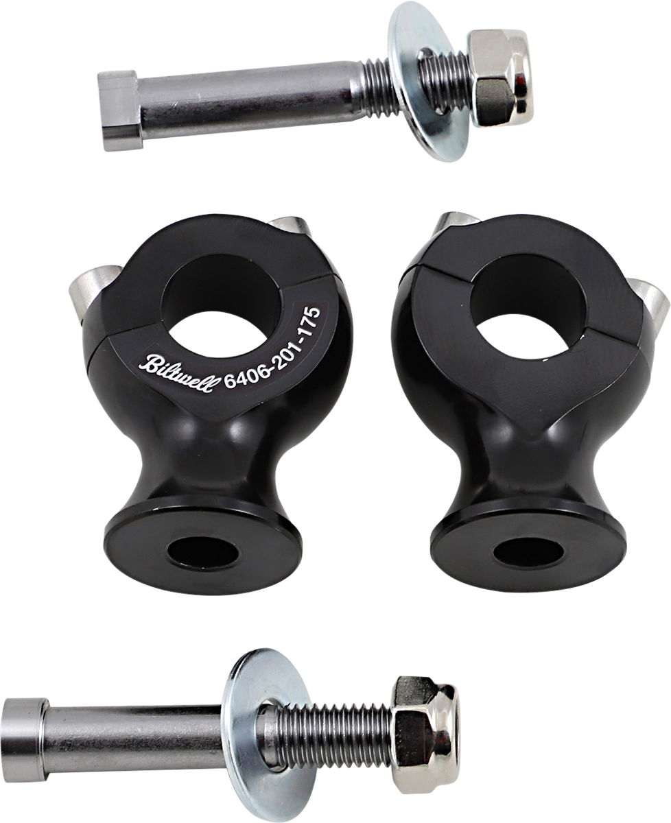 Black BILTWell Slimline 7/8" handlebar risers from Bill's Exhausts, designed for motorcycle handlebars, shown with mounting details.