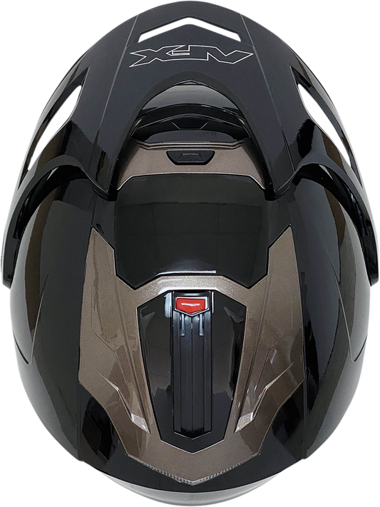 Gloss black AFX FX-50 Peak helmet with sleek design, featuring vents and aerodynamic shape, displayed in profile view.