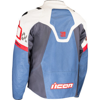 ICON Contra3™ Hero Jacket in white and blue, medium size, with visible branding and sleek design, ideal for motorcycle riding.