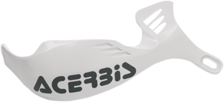A pair of white Acerbis Rally II Minicross handguards mounted on motorcycle handlebars, protecting the rider's hands during off-road riding.