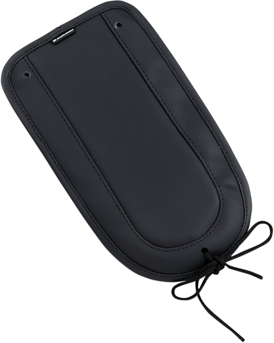 Bill's Exhausts Saddlemens Fender Chap matching smooth solo seat, black leather motorcycle seat accessory for enhanced comfort and style.