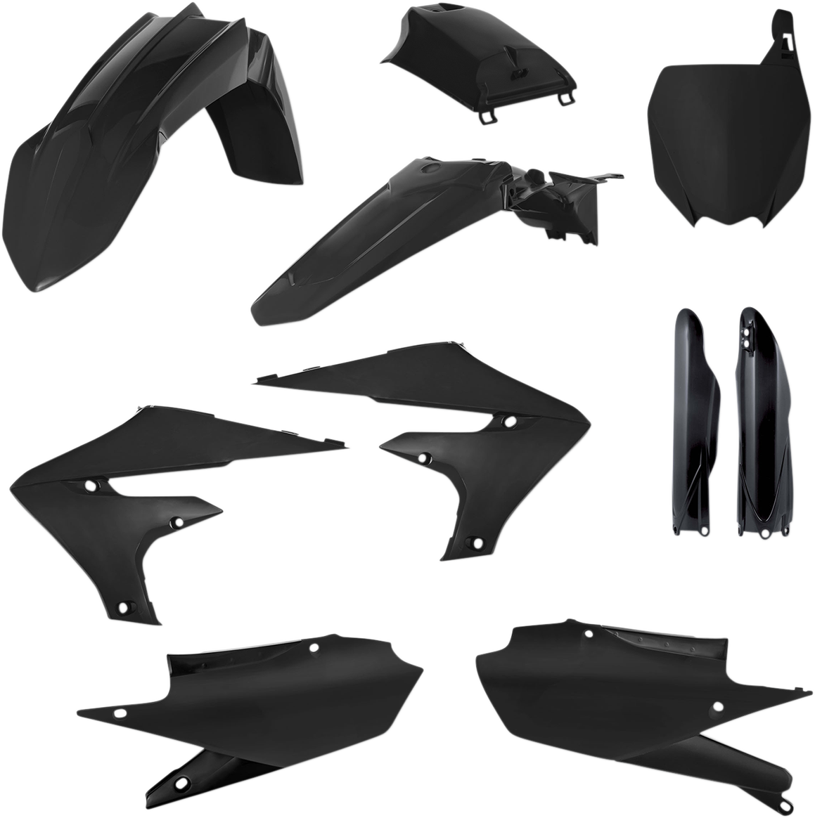 A black Acerbis full replacement body kit for motorcycles, designed for durable and seamless fit, shown on a clean background.