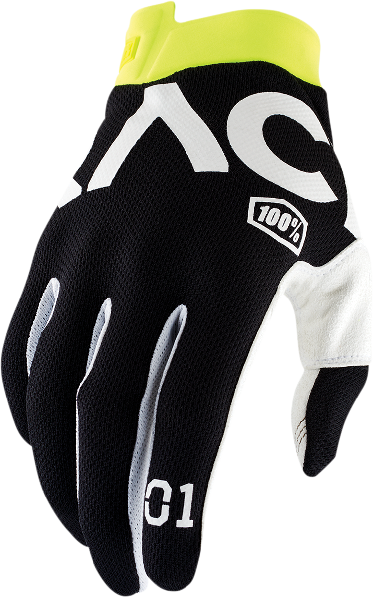 Black 100% Racr iTrack Gloves in medium size, designed for motorcycle riding, showing the textured fabric and snug fit.