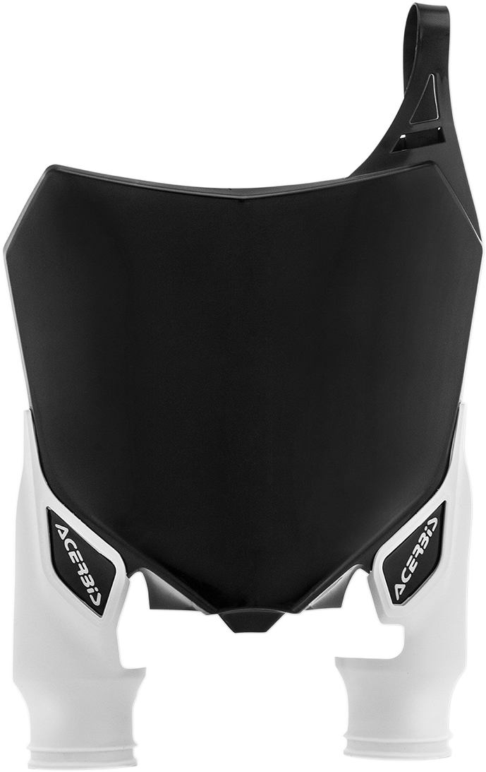 Acerbis Raptor number plate in black and white for motorcycle body, featuring the Acerbis logo and mounting holes.