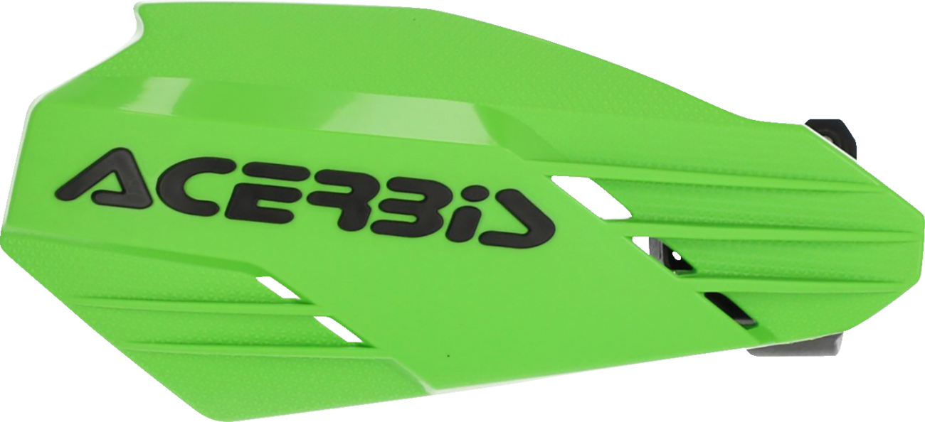 Acerbis K-Linear handguards in green and black mounted on motorcycle handlebars, providing protection for rider's hands.