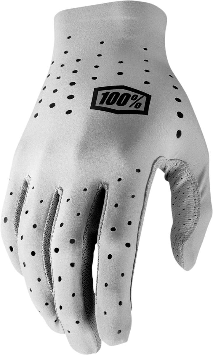 Gray Bill's Exhausts 100% Sling MTB gloves in medium size, showing the textured fabric and secure wrist closure.