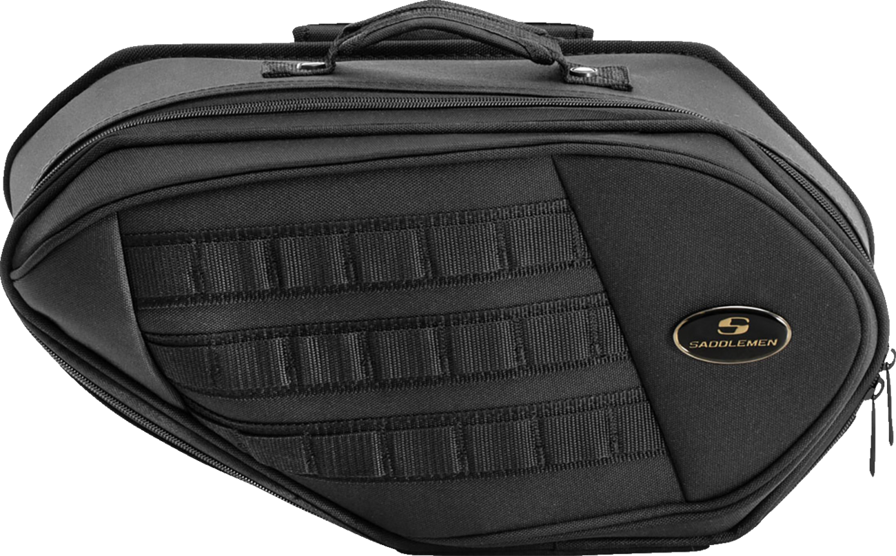 Black Saddlemen tactical saddlebag mounted on motorcycle seat, designed for durability and storage, by Bill's Exhausts.