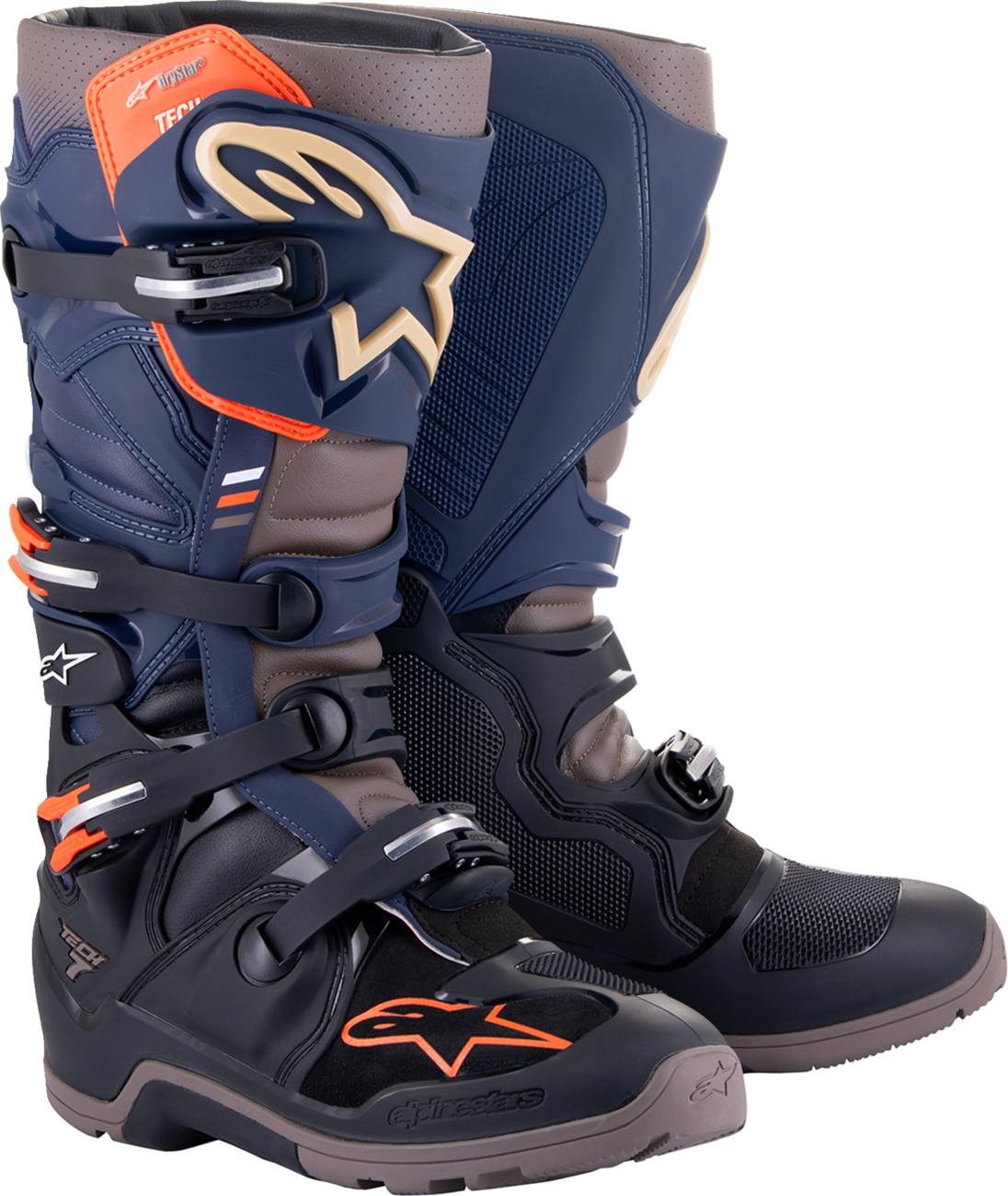 Alpinestars Tech 7 Enduro Drystar boots in navy and gray, size US 11, shown with sturdy construction and ankle support.