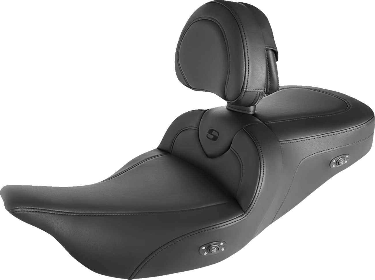 Bill's Exhausts SADDLEMEN Roadsofa heated motorcycle seat with backrest, black with black stitching, for standard reach bikes.