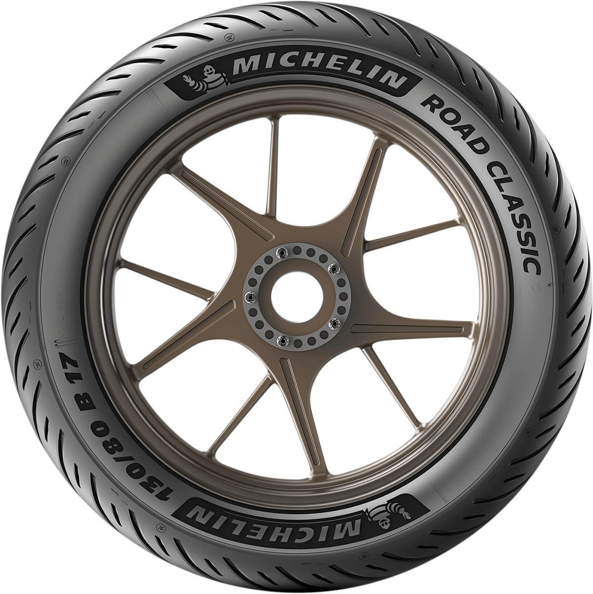 Michelin Road Classic rear motorcycle tire 130/80B18 with 66V load and speed rating, mounted on a wheel.