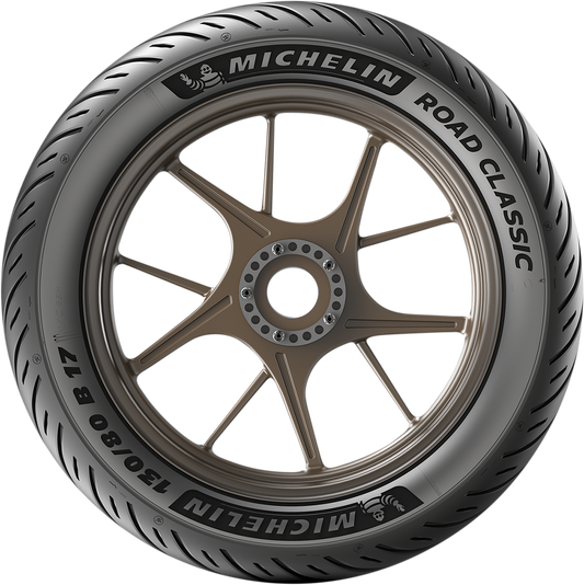 Michelin Road Classic rear motorcycle tire 140/80B17 69V with tread pattern, sidewall details, and branding visible.