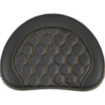 SADDLEMEN RoadSofa™ sissy bar pad in honeycomb pattern with gold stitching, designed for motorcycle passenger comfort.
