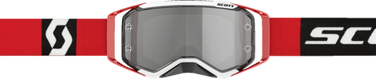 Scott Prospect motorcycle goggles in red and black with silver chrome accents, designed for comfortable fit and clear vision.