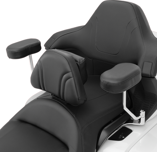 Chrome passenger armrest for Honda GL1800 motorcycle, part of the SHOW CHROME Deluxe series by Bill's Exhausts.