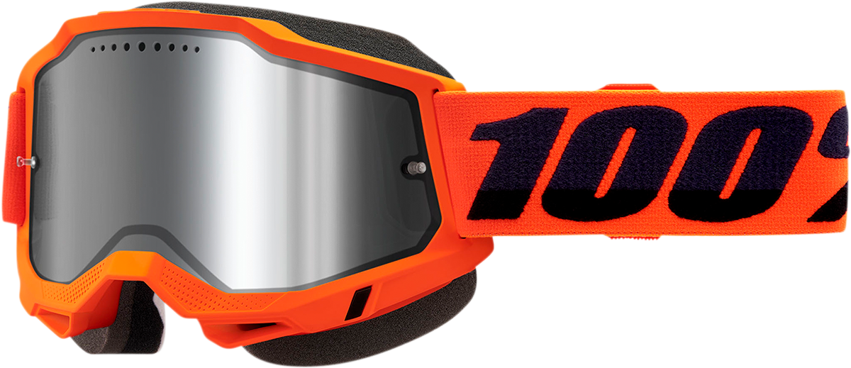 Accuri 2 snow goggles in neon orange with silver mirror lens by Bill's Exhausts, featuring a secure strap and reflective finish.