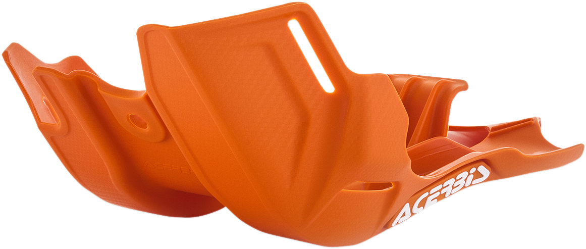 A bright orange Acerbis skid plate designed for Husqvarna and KTM motorcycles, mounted on a dirt bike frame.