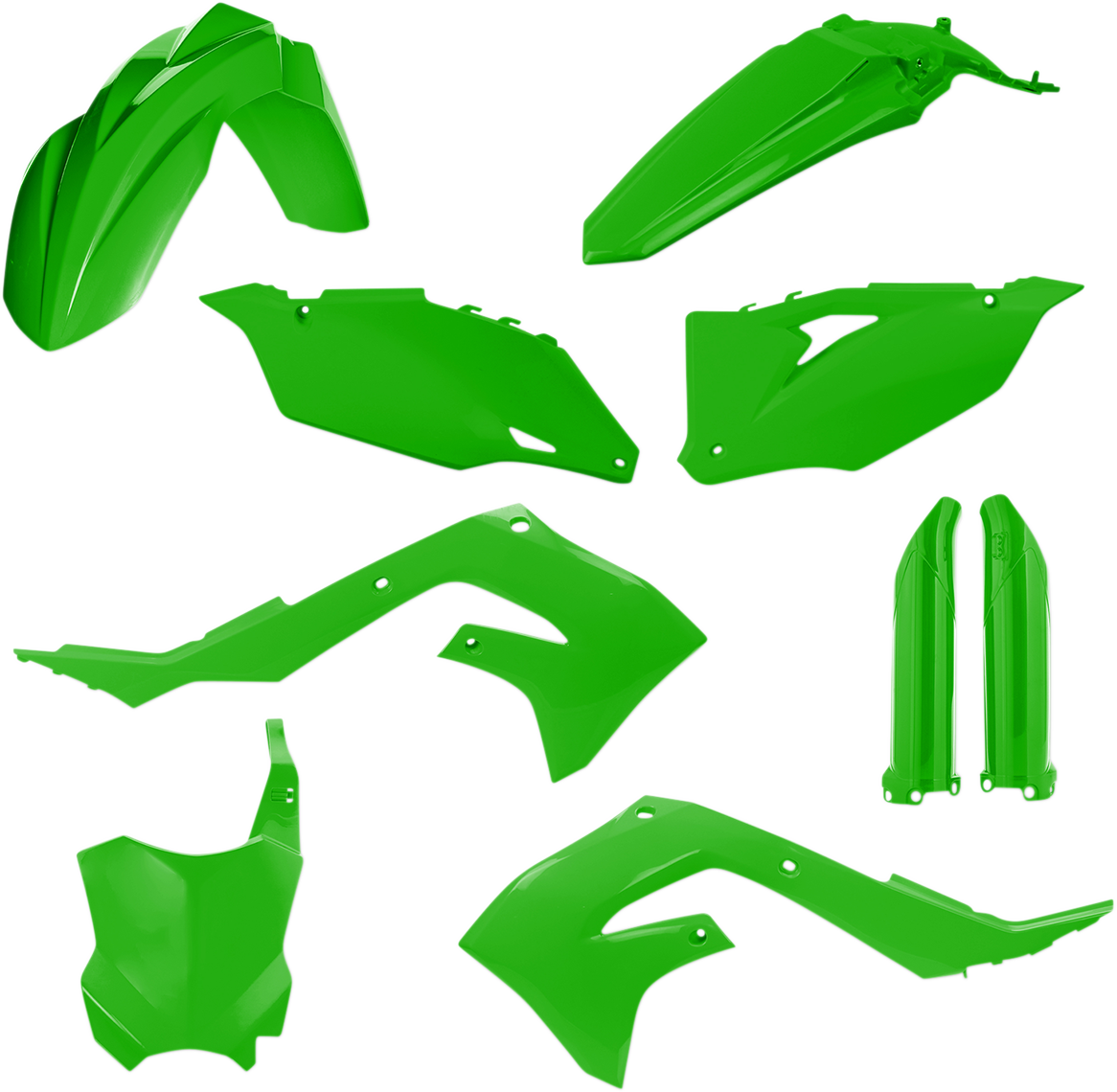 A green Acerbis full replacement body kit for KX250F, KXX, or KX450F motocross bikes, featuring sleek, durable plastic panels.