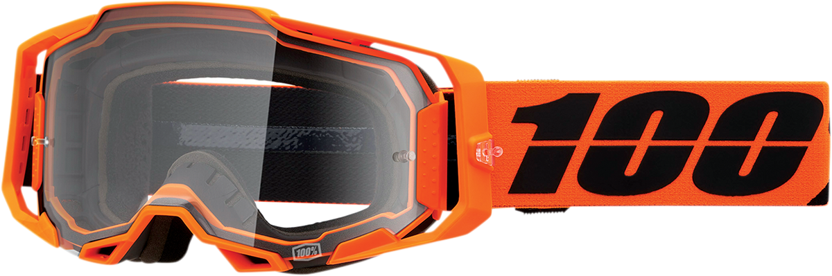 Bill's Exhausts 100% Armega CW2 goggles with clear lens, lightweight design, and secure fit for optimal eye protection.