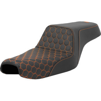 SADDLEMEN Step-Up Seat for Sportster 2004-2022, honeycomb design with orange stitching, fits 3.3-gallon tank, by Bill's Exhausts.