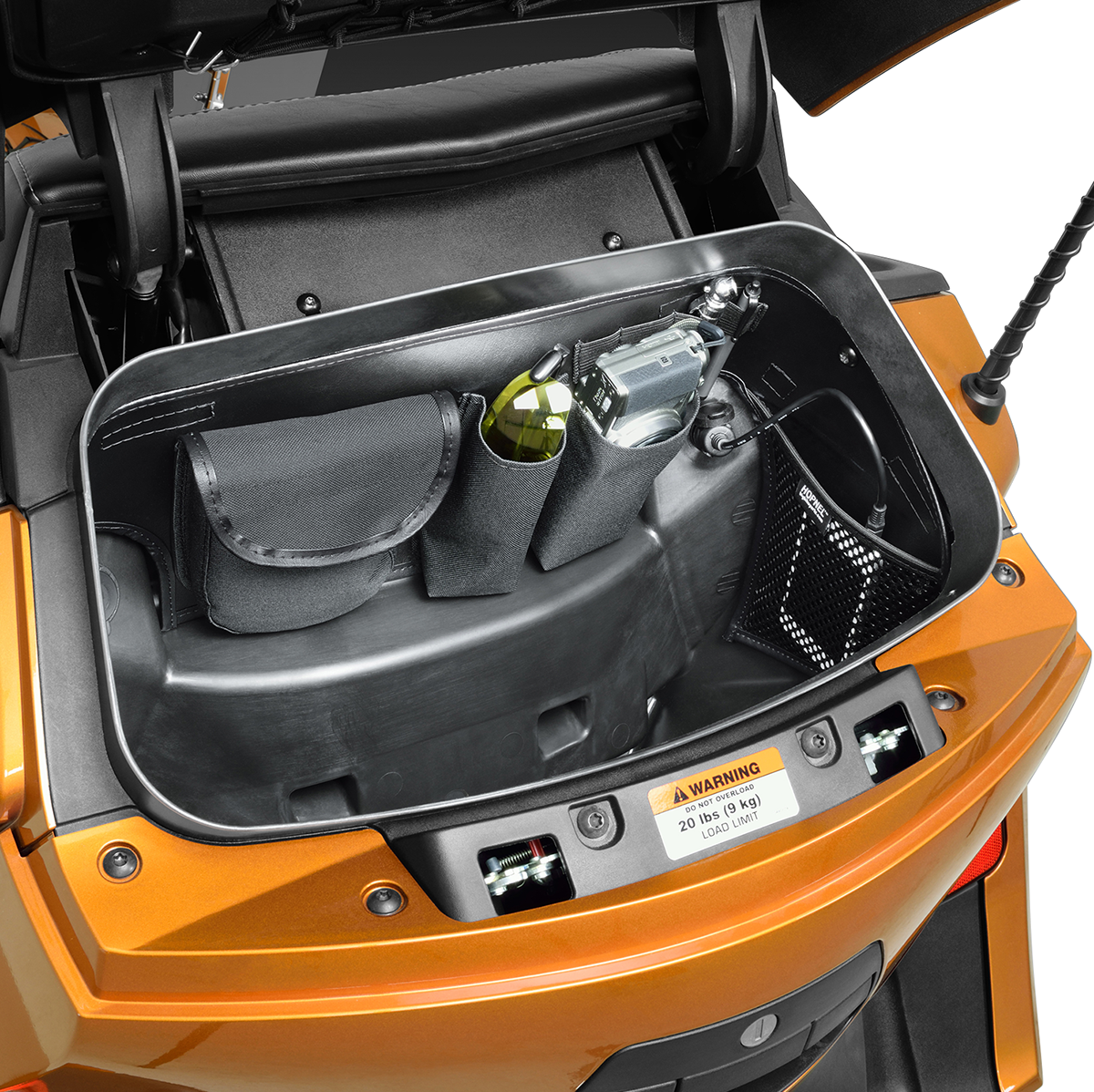Bill's Exhausts SHOW CHROME engine trunk organizer H41-150BK with multiple compartments for vehicle storage.