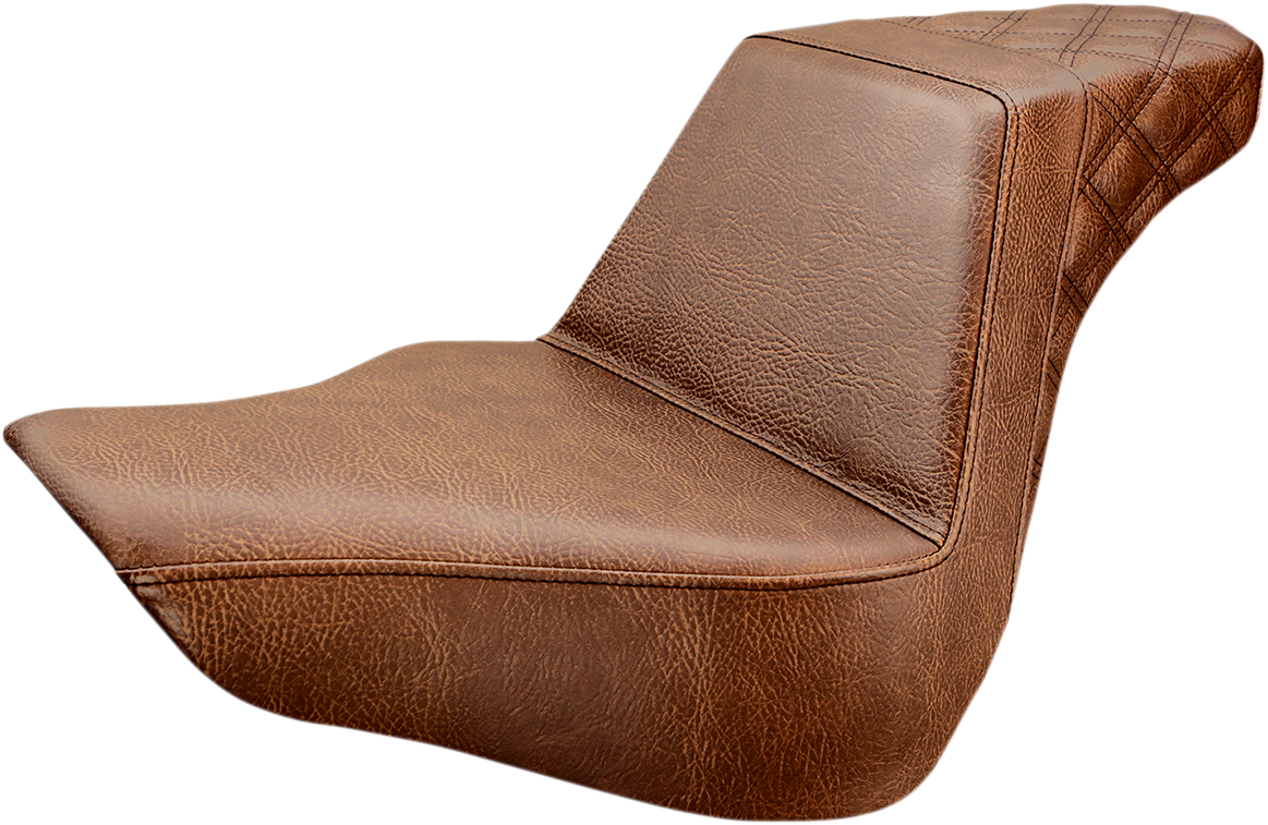 Brown SADDLEMEN Step-Up Seat with rear lattice stitch detail, designed for motorcycle comfort and style.