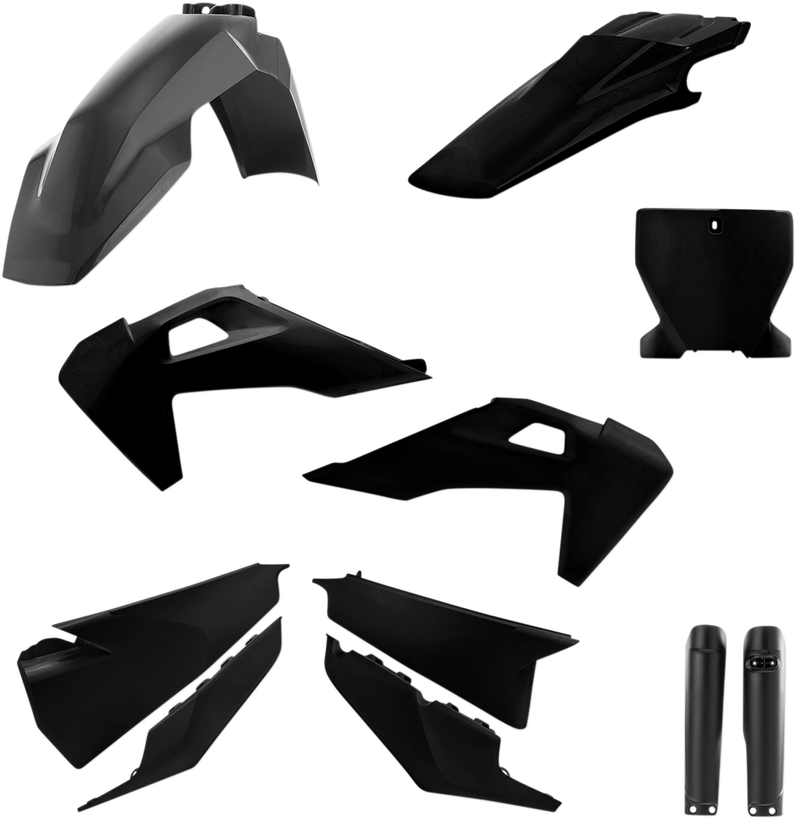Acerbis full black motorcycle body kit including front and side panels, designed for custom fit and style.