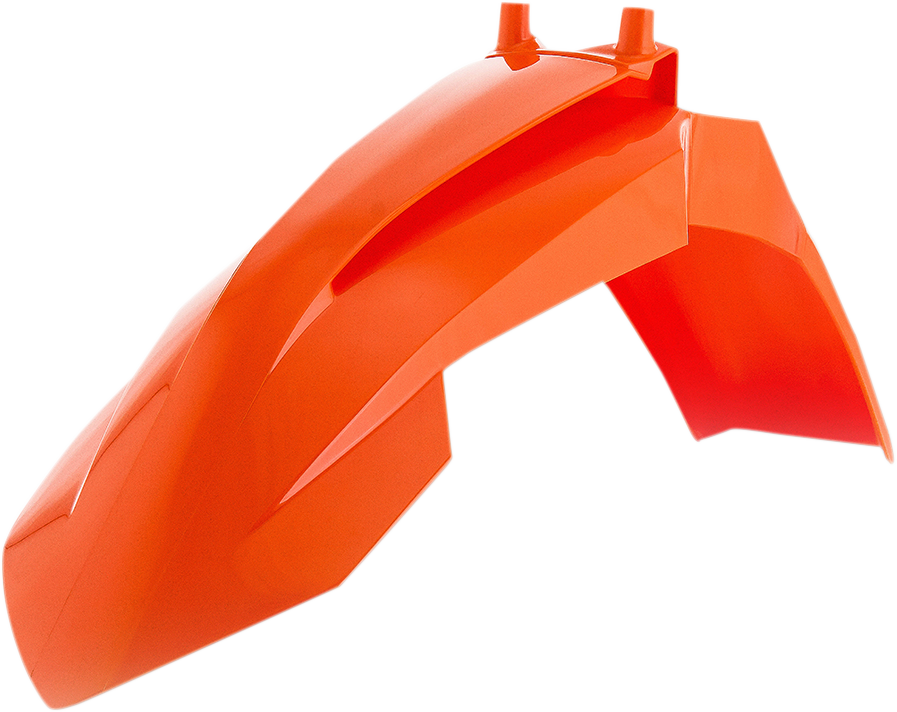 Orange Acerbis front fender for motorcycle, featuring a sleek body design, with mounting points visible in the image.