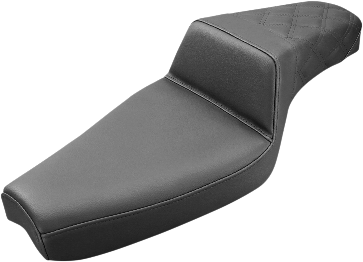 Black SADDLEMEN Step-Up Seat with rear lattice stitch for XL motorcycles, designed for comfort and style.