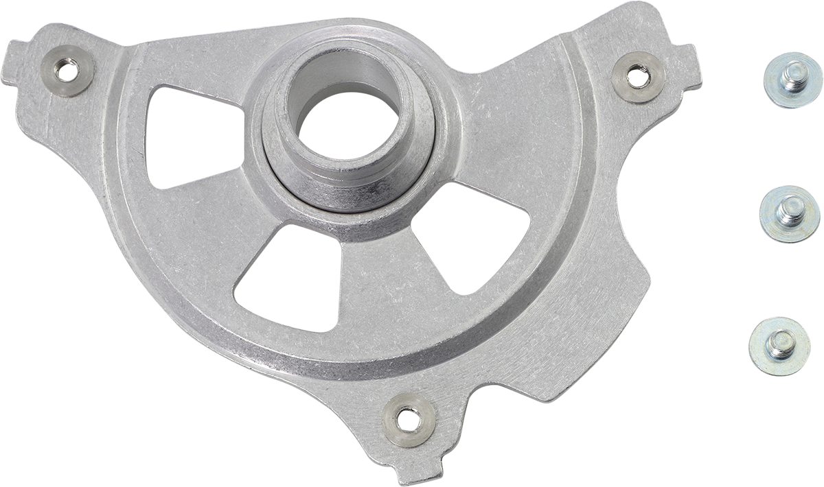 Acerbis disc cover mount kit for KXF motorcycle, unfinished metal body with mounting hardware visible.