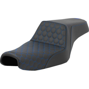 Bill's Exhausts SADDLEMEN Step-Up Seat for Sportster 2004-2022, honeycomb design with blue stitching, fits 3.3 gal tank.