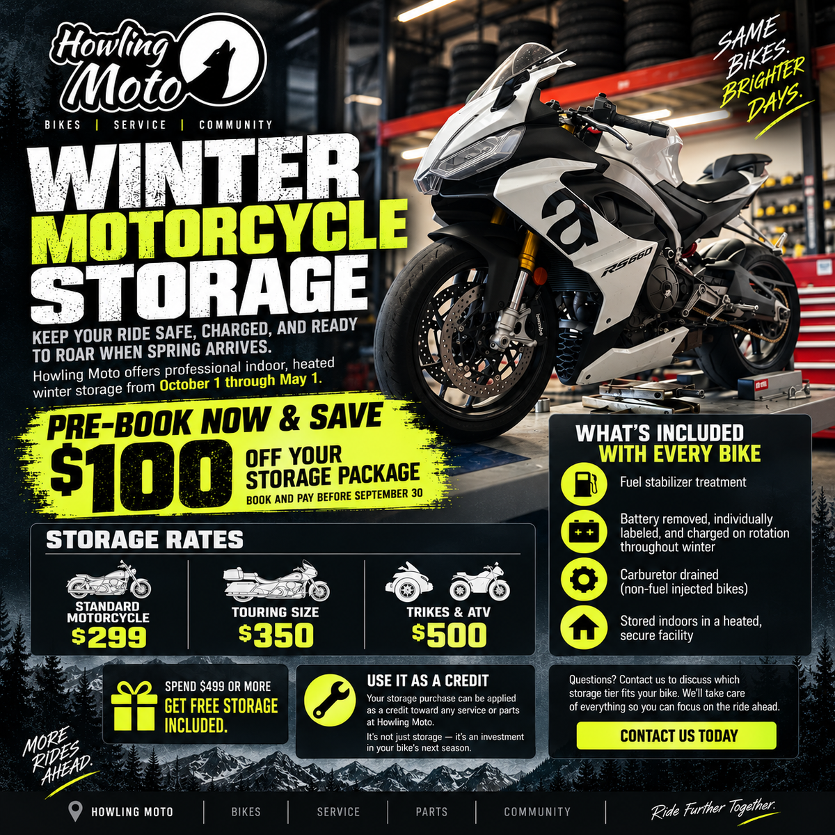 Winter Motorcycle Storage – Pre-Book (Oct 1 – May 1)