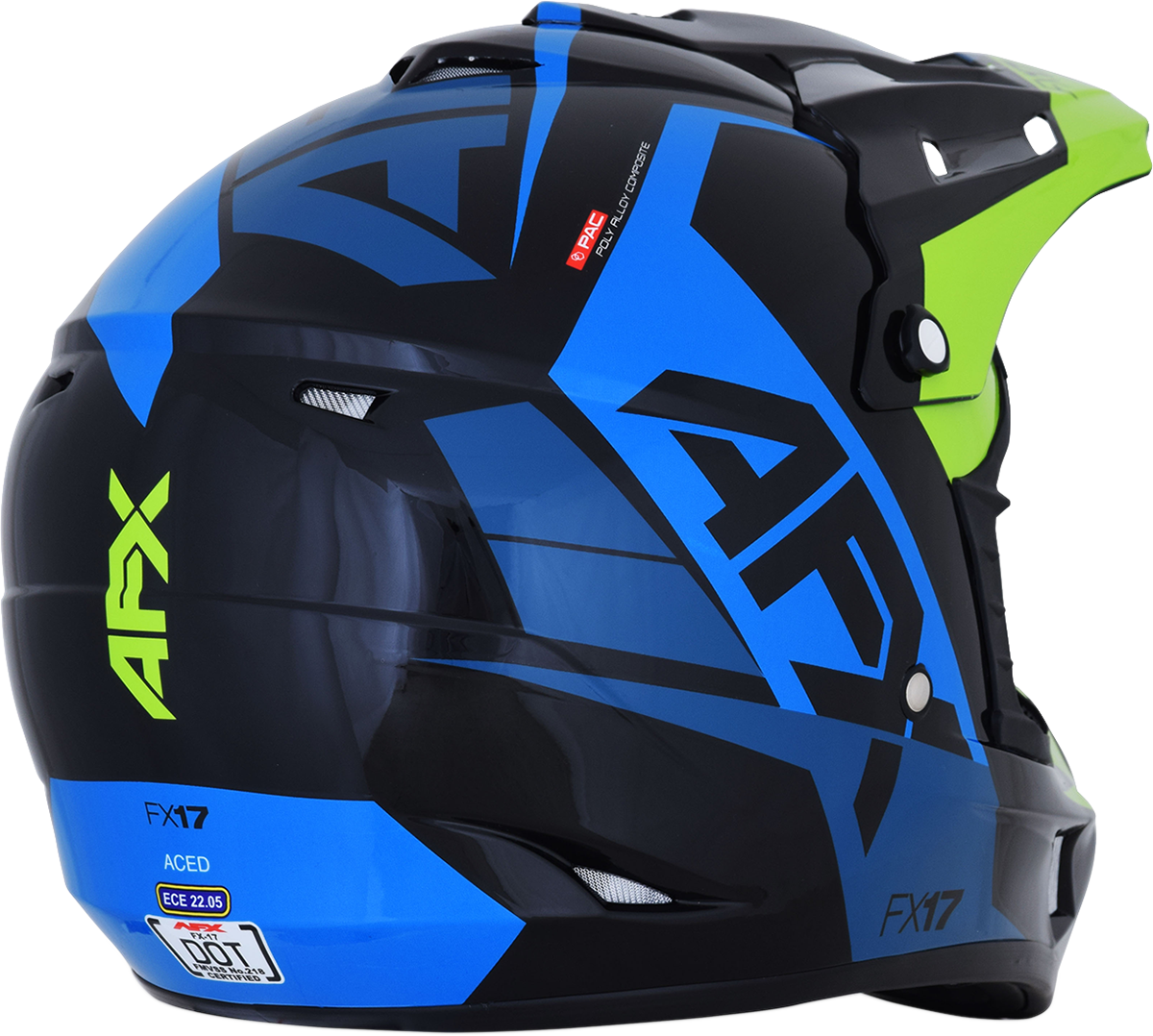 Blue and lime AFX FX-17 helmet in XL size featuring aerodynamic design and clear visor, made by Bill's Exhausts.