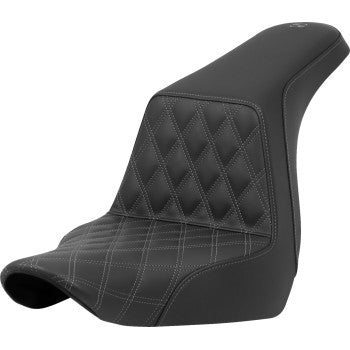 Gray SADDLEMEN Step-Up Seat with front lattice stitch for FXLR/FLSB 2018-2021, featuring stylish stitching and ergonomic design.