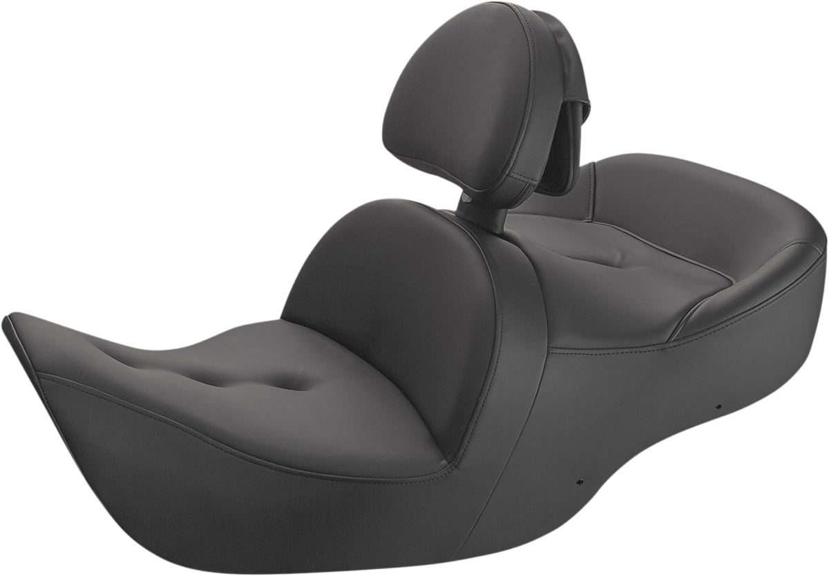 Black SADDLEMEN Roadsofa seat with backrest and pillow top, designed for bikes, featuring a comfortable, ergonomic riding seat.