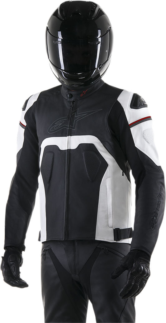 Alpinestars Core leather motorcycle jacket in black and white, US 48 / EU 58, featuring protective padding and stylish design.
