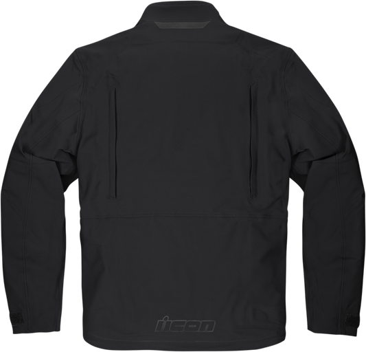 Black ICON Stormhawk Jacket CE in medium size, featuring a sleek design, visible zippers, and protective armor details.