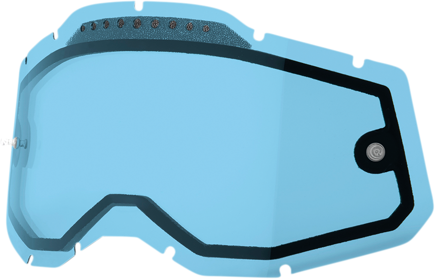 Blue vented dual lenses for Accuri 2, Racecraft 2, and Strata 2 helmets by Bill's Exhausts, shown with clear lens and ventilation features.