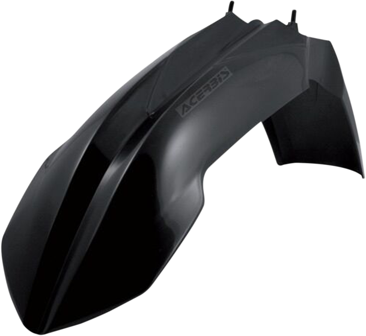 Acerbis black front fender for motorcycle, made of durable body material, designed to protect and enhance bike appearance.
