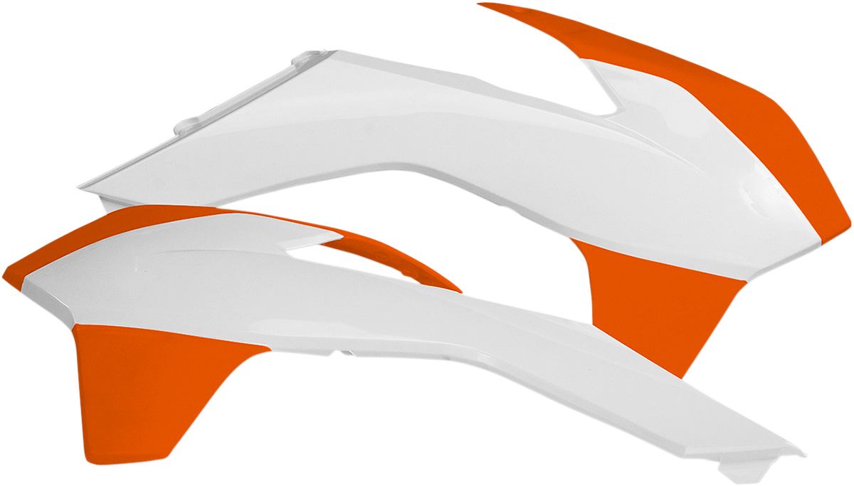 Acerbis radiator shrouds in white and orange for motorcycle, featuring sleek body design and vibrant color accents.