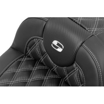 Bill's Exhausts SADDLEMEN Roadsofa™ Extended Reach Motorcycle Seat with backrest, silver stitching, lattice design for FLTR/FLHX '23-'24