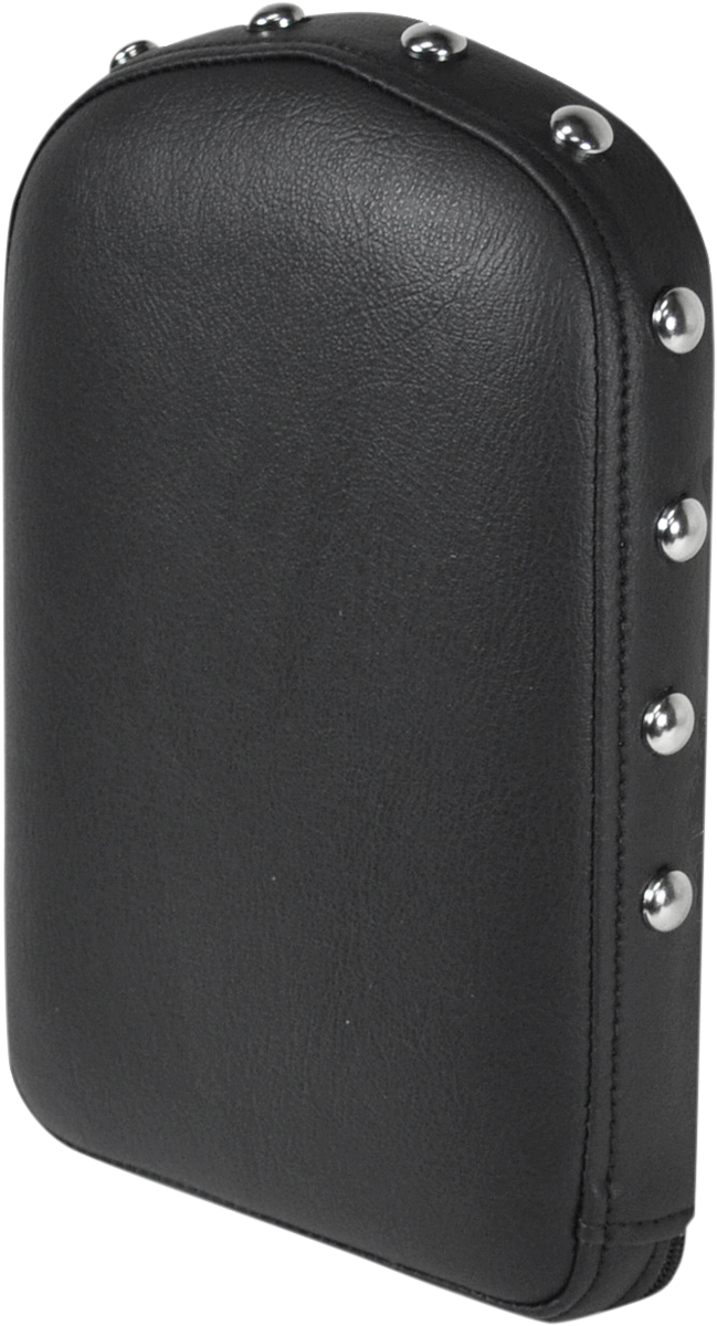 SADDLEMEN Studded Renegade Sissy Pad seat with silver studs on black leather, designed for motorcycle comfort and style.