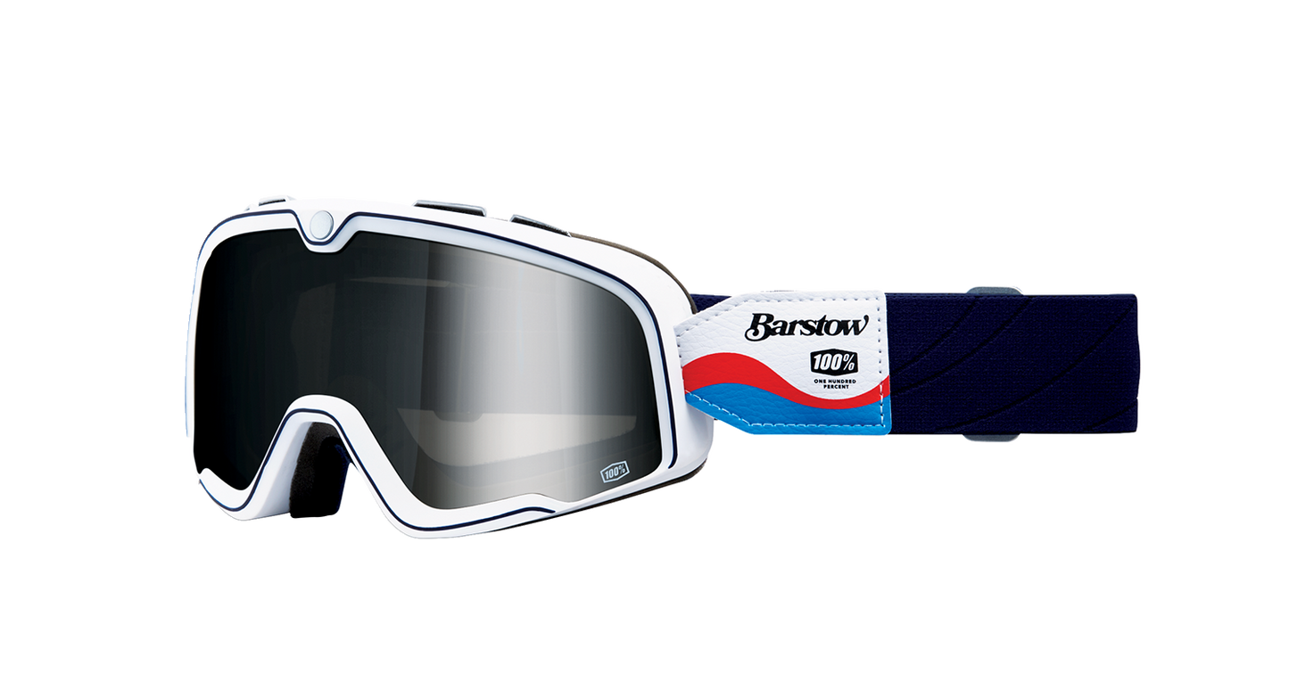 Bill's Exhausts 100% Barstow Goggles Lucien Silver Mirror with tinted lenses, adjustable strap, and sporty design for outdoor activities.