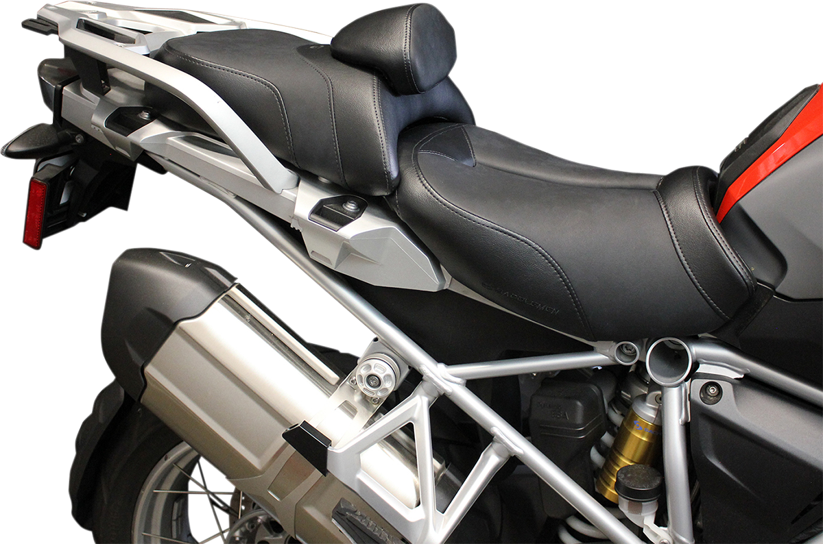 SADDLEMEN Adventure Track Seat for BMW with lumbar pad, low profile design, showcasing the motorcycle seat with padding and stitching.
