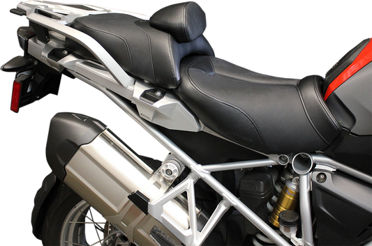 Bill's Exhausts Adventure Track Seat for BMW with lumbar pad, low-profile design, showcasing the seat's shape and padding details.